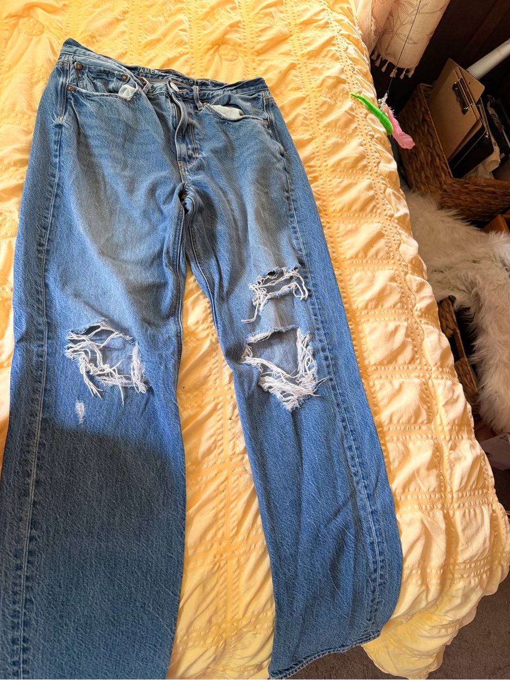 American Eagle Outfitters Blue Distressed Straight Leg Jeans